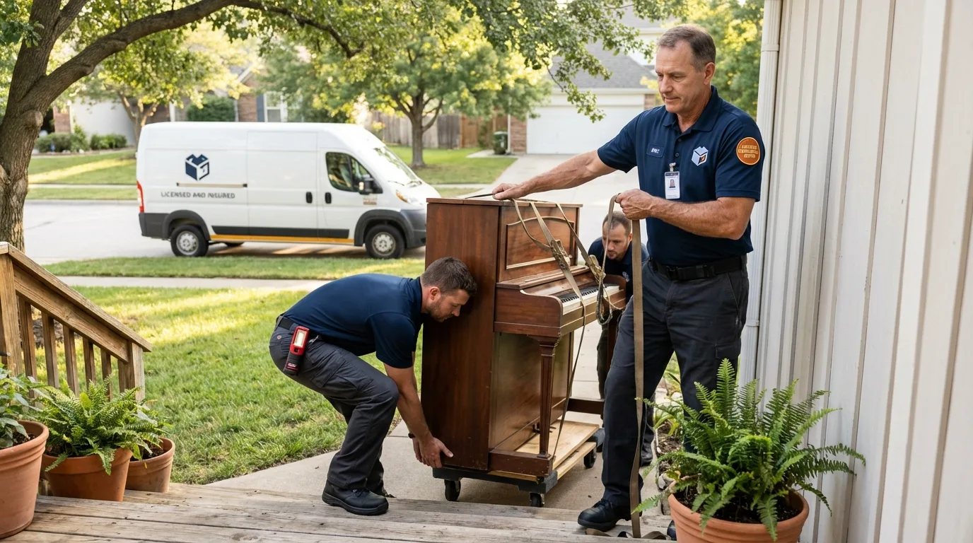 Licensed piano movers securing grand piano in Durant, MS