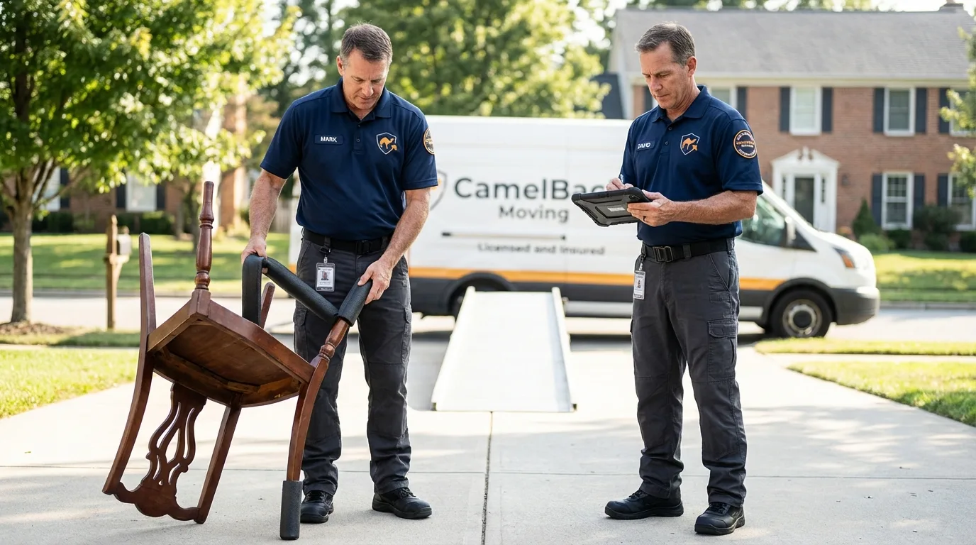 Movers inspecting furniture for damage prevention before loading in Durant, MS
