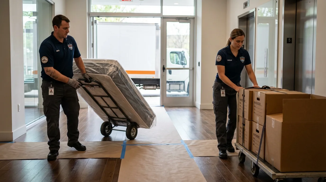 Professional apartment movers loading elevator in Durant, MS